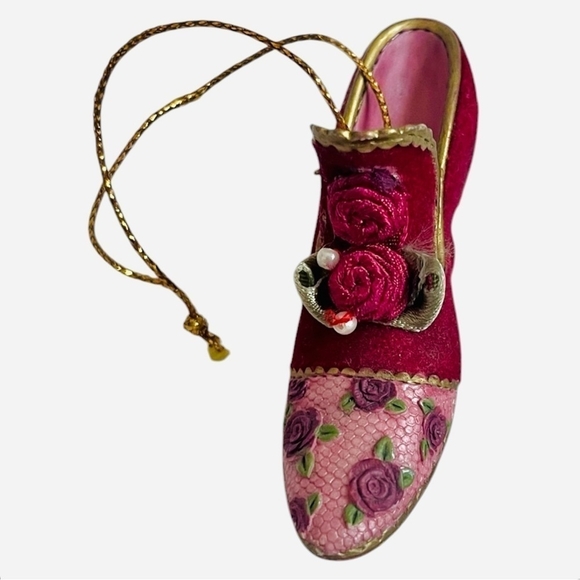 Mini Shoe Figurine Burgundy Gold Embroidered Victorian Style Shoe Xmas Ornament - Picture 2 of 5